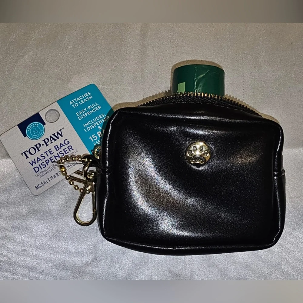 Top Paw Faux Leather Black Zippered Waste Bag Dispenser with Gold Hardware
